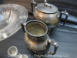 Collection including tri-footed etched glass bowl, set of (8) serving bowls and vintage silver plate and sterling table ware  