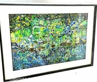 Framed Under Glass Enamel Paint on Paper Abstract in Blues and Greens Signed by Artist Barbara and Last Name Illegible.  30" x 42".