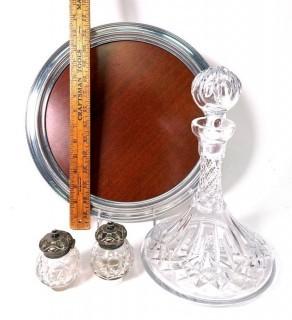 Cut Crystal Decanter,Two (2) Ink Wells and Bar Tray