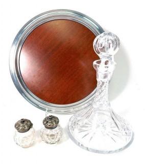 Cut Crystal Decanter,Two (2) Ink Wells and Bar Tray