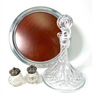 Cut Crystal Decanter,Two (2) Ink Wells and Bar Tray