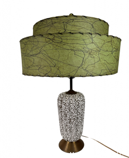 Mid Century Modern Textured Ceramic Table Lamp with Vintage Green Two Tier Fiberglass Shade. 