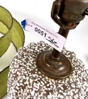 Mid Century Modern Textured Ceramic Table Lamp with Vintage Green Two Tier Fiberglass Shade. 