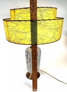 Mid Century Modern Textured Ceramic Table Lamp with Vintage Green Two Tier Fiberglass Shade. 