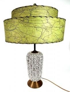 Mid Century Modern Textured Ceramic Table Lamp with Vintage Green Two Tier Fiberglass Shade. 