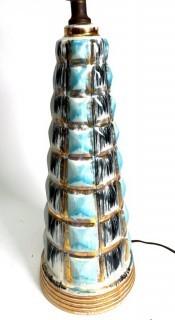 Mid Century Modern Turquoise and Black Textured Ceramic Table Lamp with Vintage Two Tier Starburst Fiberglass Shade. 