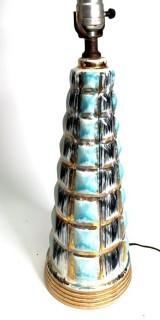 Mid Century Modern Turquoise and Black Textured Ceramic Table Lamp with Vintage Two Tier Starburst Fiberglass Shade. 