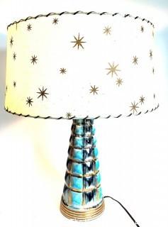 Mid Century Modern Turquoise and Black Textured Ceramic Table Lamp with Vintage Two Tier Starburst Fiberglass Shade. 