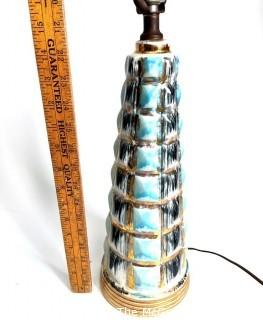 Mid Century Modern Turquoise and Black Textured Ceramic Table Lamp with Vintage Two Tier Starburst Fiberglass Shade. 