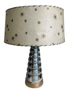 Mid Century Modern Turquoise and Black Textured Ceramic Table Lamp with Vintage Two Tier Starburst Fiberglass Shade. 