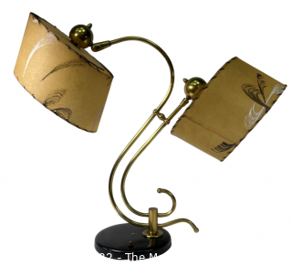 Mid Century Modern MCM Two Light Table Lamp with Brass Accents and Original Fiberglass Shades.