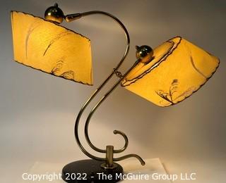 Mid Century Modern MCM Two Light Table Lamp with Brass Accents and Original Fiberglass Shades.