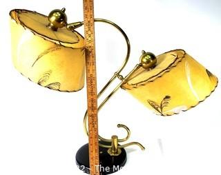 Mid Century Modern MCM Two Light Table Lamp with Brass Accents and Original Fiberglass Shades.