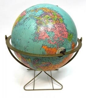 Mid Century Modern Replogle World Globe on Wire Stand. 