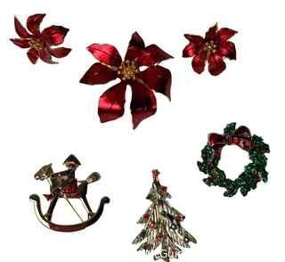 Group of Costume Jewelry Christmas Brooches or Pins. 