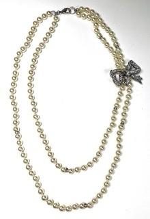 Double Strand Opera Length Faux Pearl with Rhinestone Bow Necklace. 