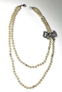 Double Strand Opera Length Faux Pearl with Rhinestone Bow Necklace. 