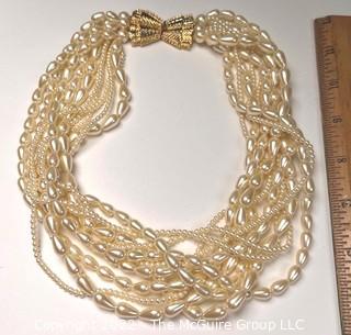 Carolee Signed Faux Fresh Water Pearl Multi Strand with Gold Bow Clasp Necklace. 