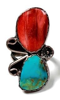 Navajo Native American Turquoise and Coral in Sterling Silver and Signed by Silversmith SRN.  