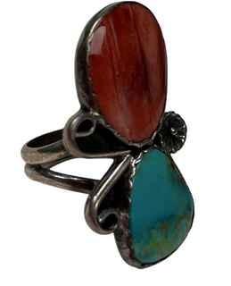 Navajo Native American Turquoise and Coral in Sterling Silver and Signed by Silversmith SRN.  