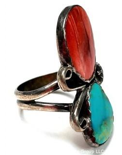 Navajo Native American Turquoise and Coral in Sterling Silver and Signed by Silversmith SRN.  