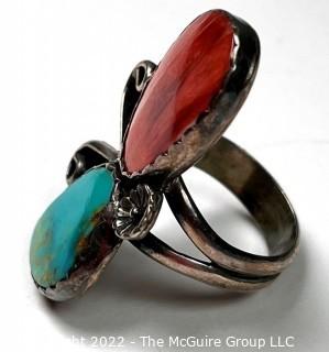 Navajo Native American Turquoise and Coral in Sterling Silver and Signed by Silversmith SRN.  