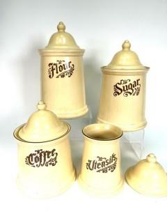 Set of Four (4) Vintage Pfaltzgraff Village Canisters, One has wrong size lid.  