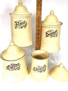 Set of Four (4) Vintage Pfaltzgraff Village Canisters, One has wrong size lid.  