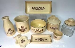 Group of Vintage Pfaltzgraff Village Table Ware Items Including Bowl, Crock, Trays, Milk Bottle and Canisters. 