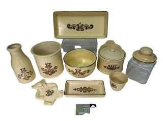 Group of Vintage Pfaltzgraff Village Table Ware Items Including Bowl, Crock, Trays, Milk Bottle and Canisters. 