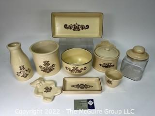 Group of Vintage Pfaltzgraff Village Table Ware Items Including Bowl, Crock, Trays, Milk Bottle and Canisters. 