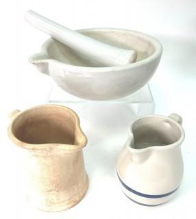 Three (3) Stoneware Pitchers and Mortar & Pestle 