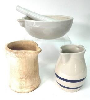 Three (3) Stoneware Pitchers and Mortar & Pestle 