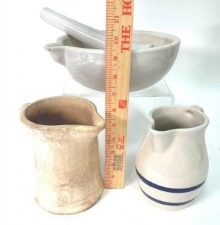 Three (3) Stoneware Pitchers and Mortar & Pestle 