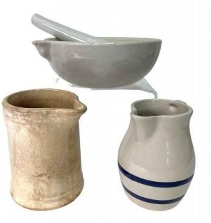 Three (3) Stoneware Pitchers and Mortar & Pestle 