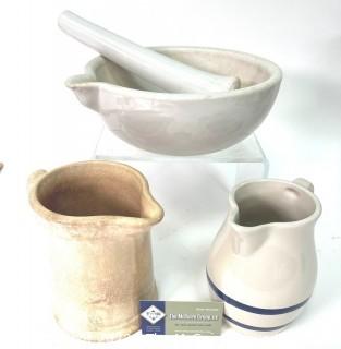 Three (3) Stoneware Pitchers and Mortar & Pestle 