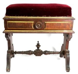 Victorian Red Velvet Upholstered Stool with Storage Under Seat.  Some veneer missing.  11" x 22" x 22".