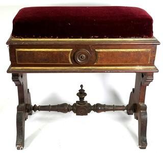 Victorian Red Velvet Upholstered Stool with Storage Under Seat.  Some veneer missing.  11" x 22" x 22".