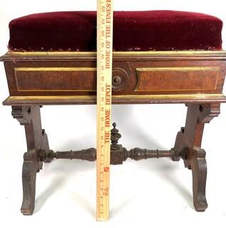 Victorian Red Velvet Upholstered Stool with Storage Under Seat.  Some veneer missing.  11" x 22" x 22".