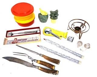 Collection of Vintage Kitchen Ware Including Tupperware, Faux Candles, Carving Knife, Chopper, String and Measuring Spoon Holder, ETC