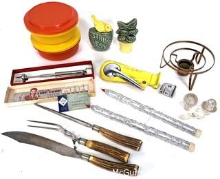 Collection of Vintage Kitchen Ware Including Tupperware, Faux Candles, Carving Knife, Chopper, String and Measuring Spoon Holder, ETC