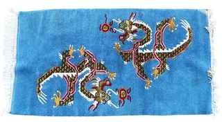 Hand Knotted Wool Tibetan Double Dragon Rug on Blue Field. 37" x 72".