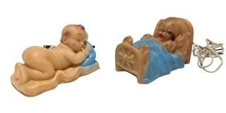 Two (2) Sleeping Baby Nightlight Plastic Table Lamps 