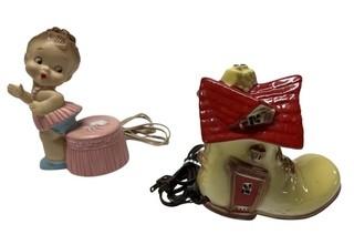 Two (2) Plastic and Porcelain Nursery Rhyme Nightlight Table Lamps - Old Lady and the Shoe and Miss Moffatt 