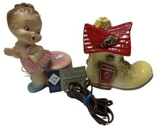 Two (2) Plastic and Porcelain Nursery Rhyme Nightlight Table Lamps - Old Lady and the Shoe and Miss Moffatt 