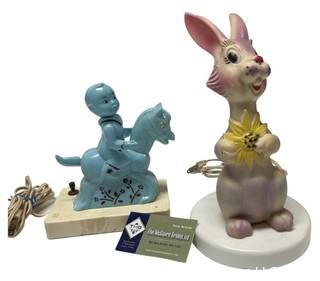 Two (2) Resin Nightlight Table Lamps - Articulated Boy on Horse and Rabbit.