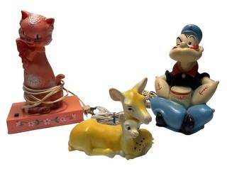 Three(3)  Nightlight Table Lamps Including Popeye, Deer and Cat.