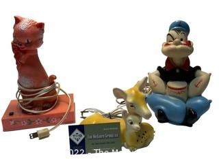 Three(3)  Nightlight Table Lamps Including Popeye, Deer and Cat.