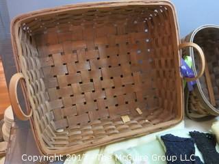 Collection including baskets (note damage to handles), linens, vintage Revlon buffer, Empirin compound bottle and ladies dress gloves