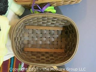 Collection including baskets (note damage to handles), linens, vintage Revlon buffer, Empirin compound bottle and ladies dress gloves